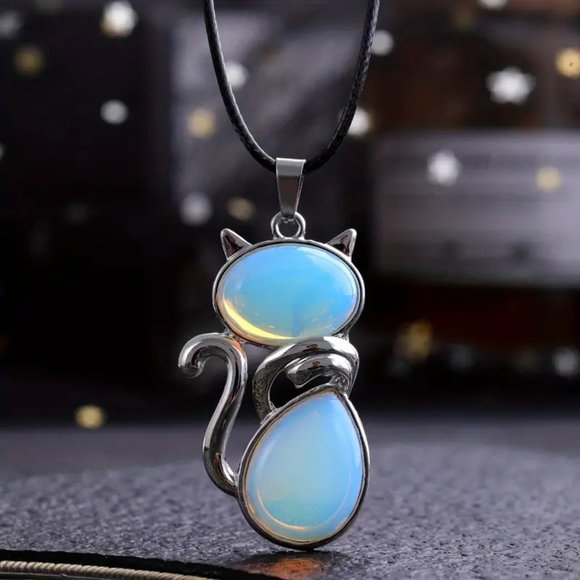 Cute Cat Opal Glass Stone Pendant Necklace - Picture 3 of 3
